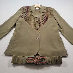 VTG 90s Nancy Bolen Blazer Top Belt Set Womens Small Tweed Patchwork Olive Green